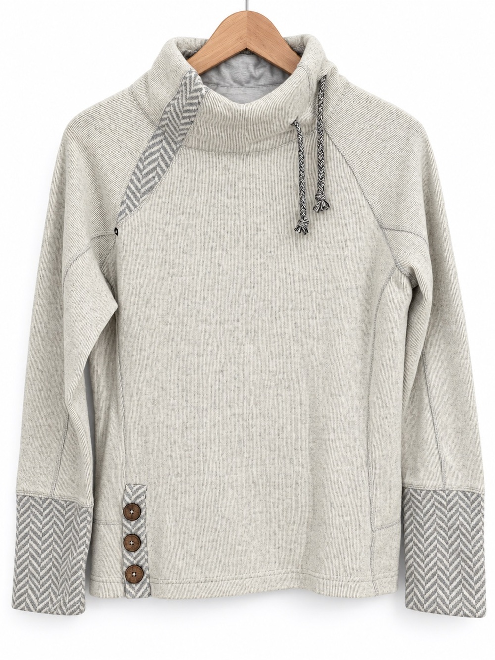 prAna Lucia Herringbone Funnel Neck Sweater Gray Wool Blend Small